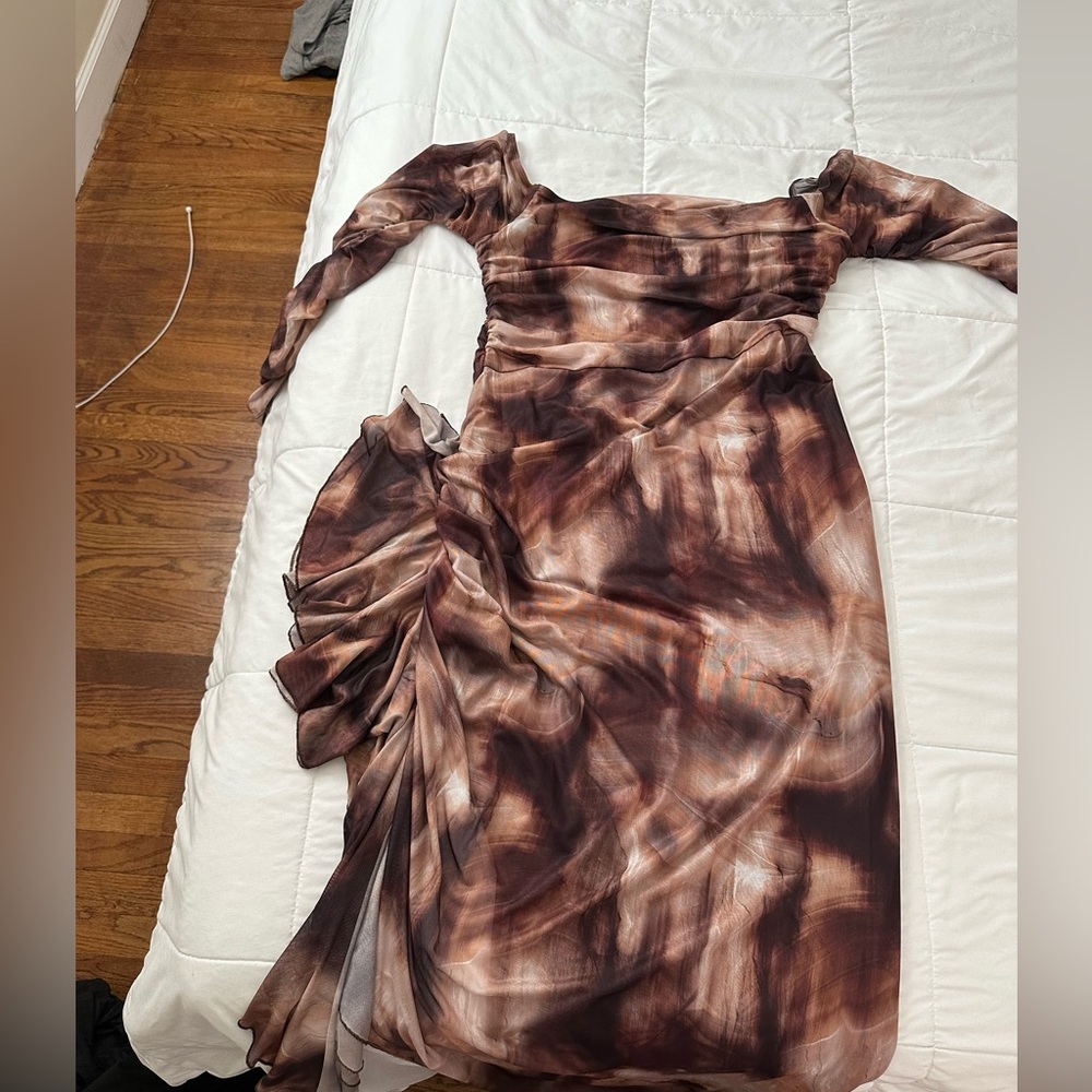 SHEIN Long Sleeve Brown Tie-Dye Dress